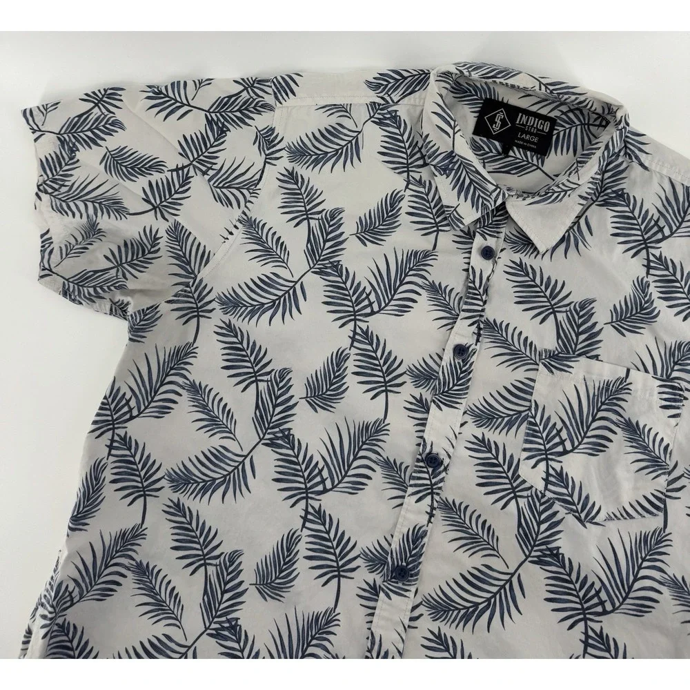 Indigo Star Hawaiian Shirt Men's Size L Cotton Relaxed Fit Floral Tropical Aloha